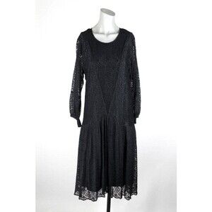 Vintage Antique 1920s 20s Black Silk and Lace Flapper Shift Dress XS S